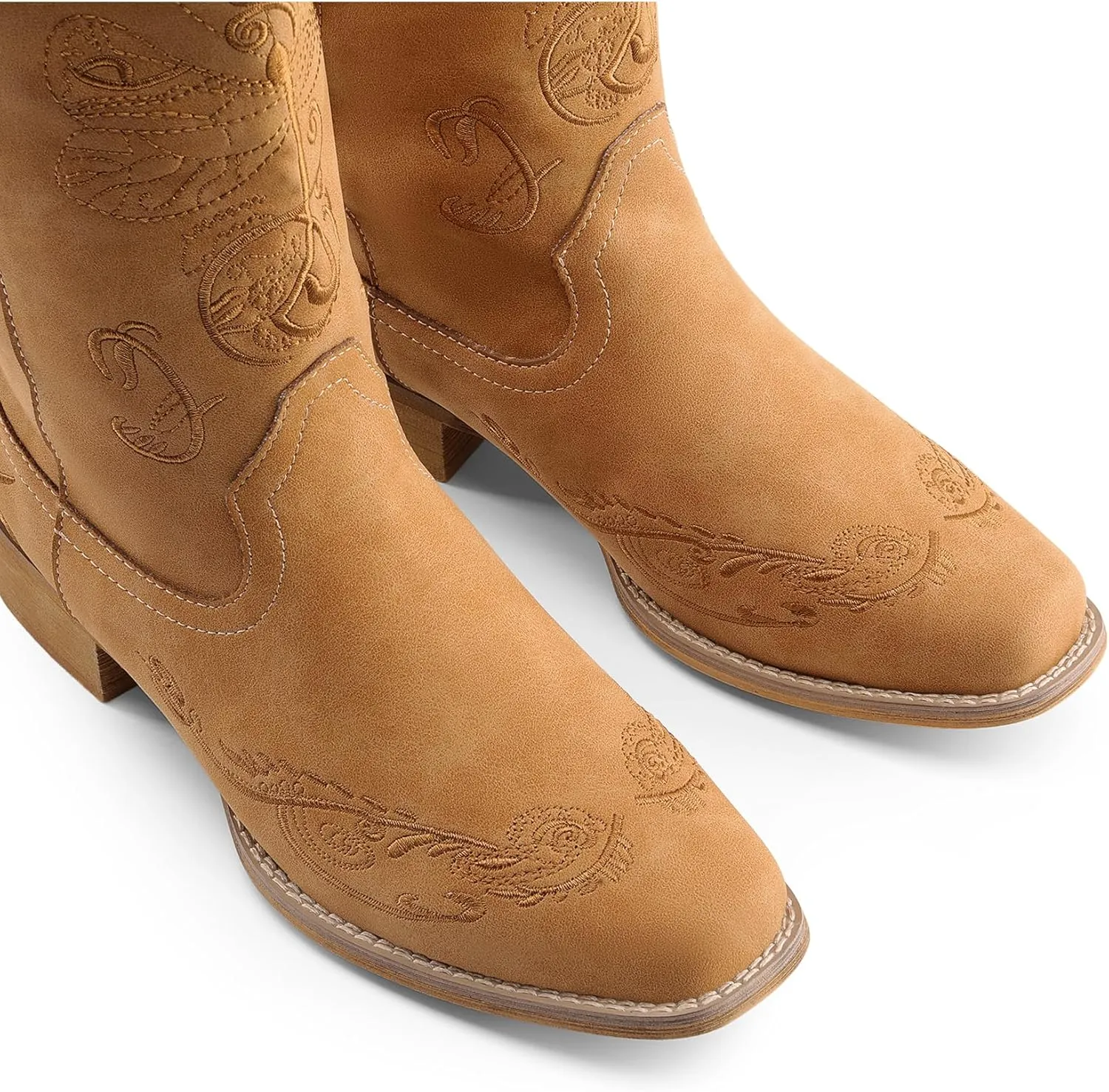 DREAM PAIRS Women's Square Toe Cowboy Cowgirl Boots Pull On Low Chunky Heel Mid Calf Western Boots with Embroidered Stitched for Theme Party Country Concert