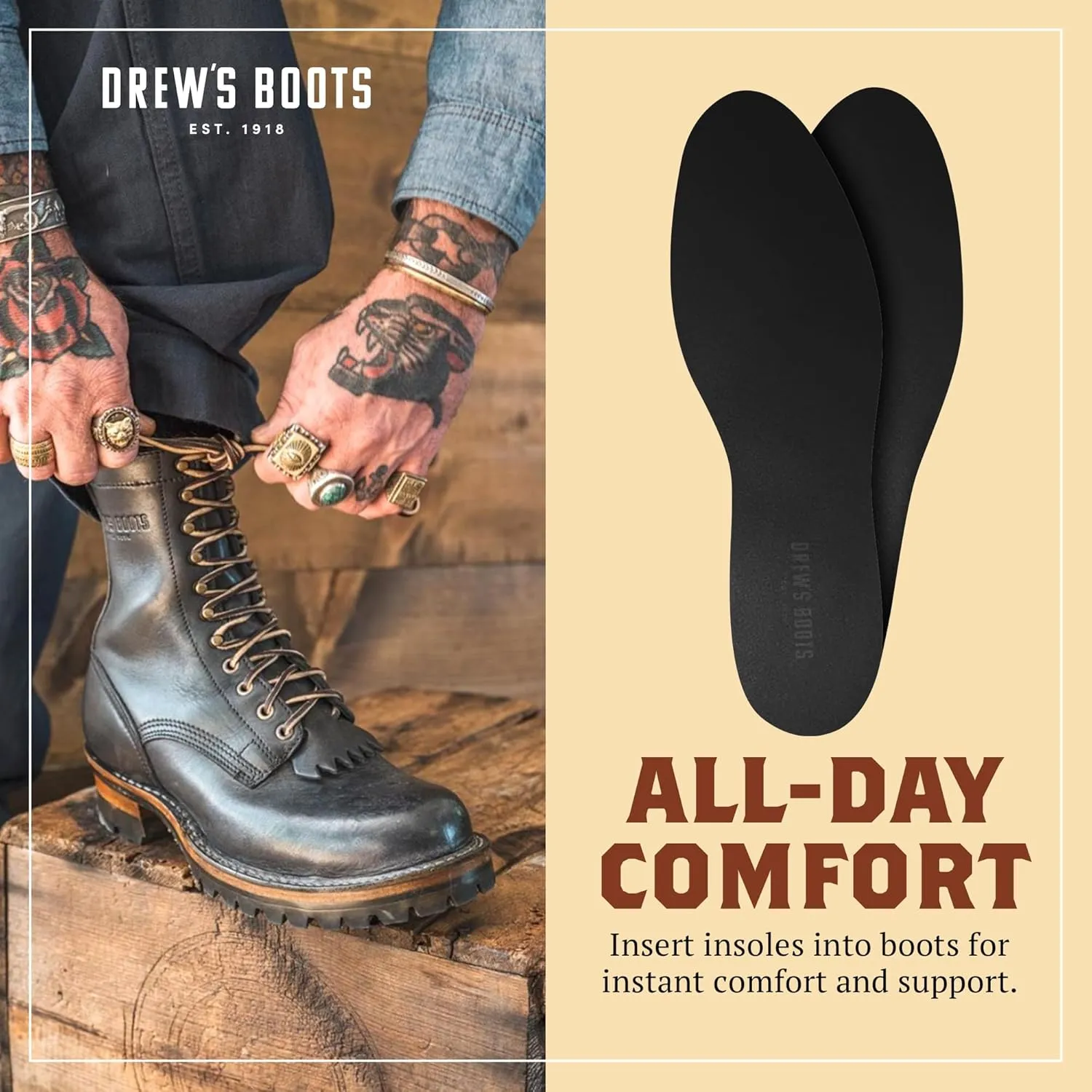 Drew’s Boots Leather Boot Insoles for Men and Women - Shoe Inserts for All-Day Comfort Fit with Moisture and Odor Control - Thick Insoles for Work Boots, Shoes, Sneakers, and Any Footwear