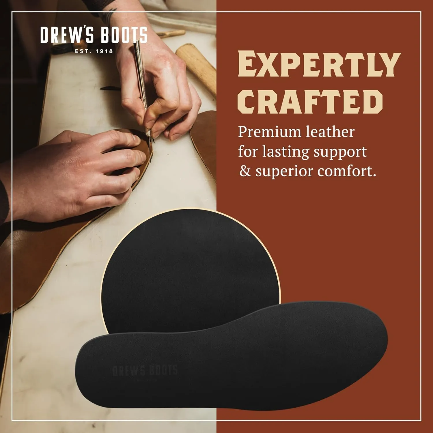 Drew’s Boots Leather Boot Insoles for Men and Women - Shoe Inserts for All-Day Comfort Fit with Moisture and Odor Control - Thick Insoles for Work Boots, Shoes, Sneakers, and Any Footwear