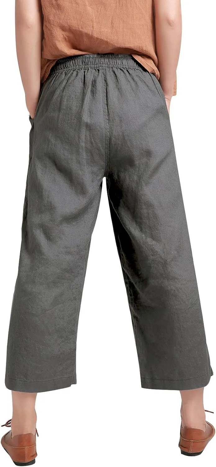 ECUPPER Womens Linen Cropped Pants Loose Casual Capri Cotton Wide Leg Plus Size Elastic Waist with Drawstring Trouses
