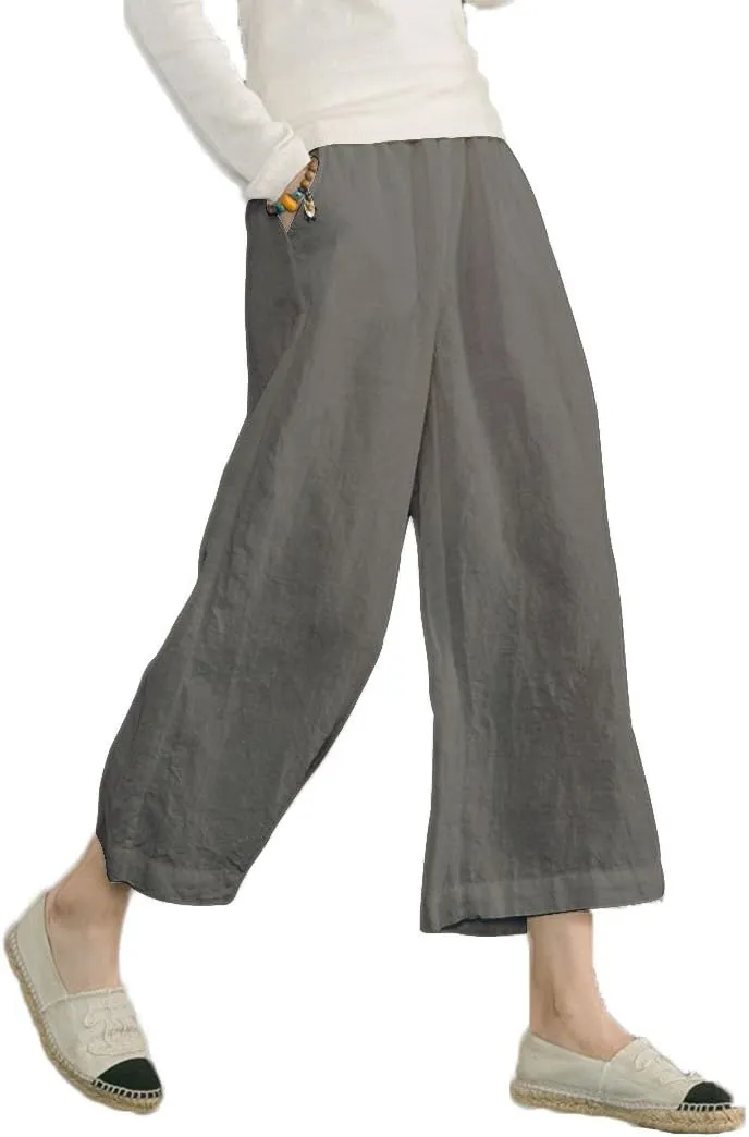 ECUPPER Womens Linen Cropped Pants Loose Casual Capri Cotton Wide Leg Plus Size Elastic Waist with Drawstring Trouses