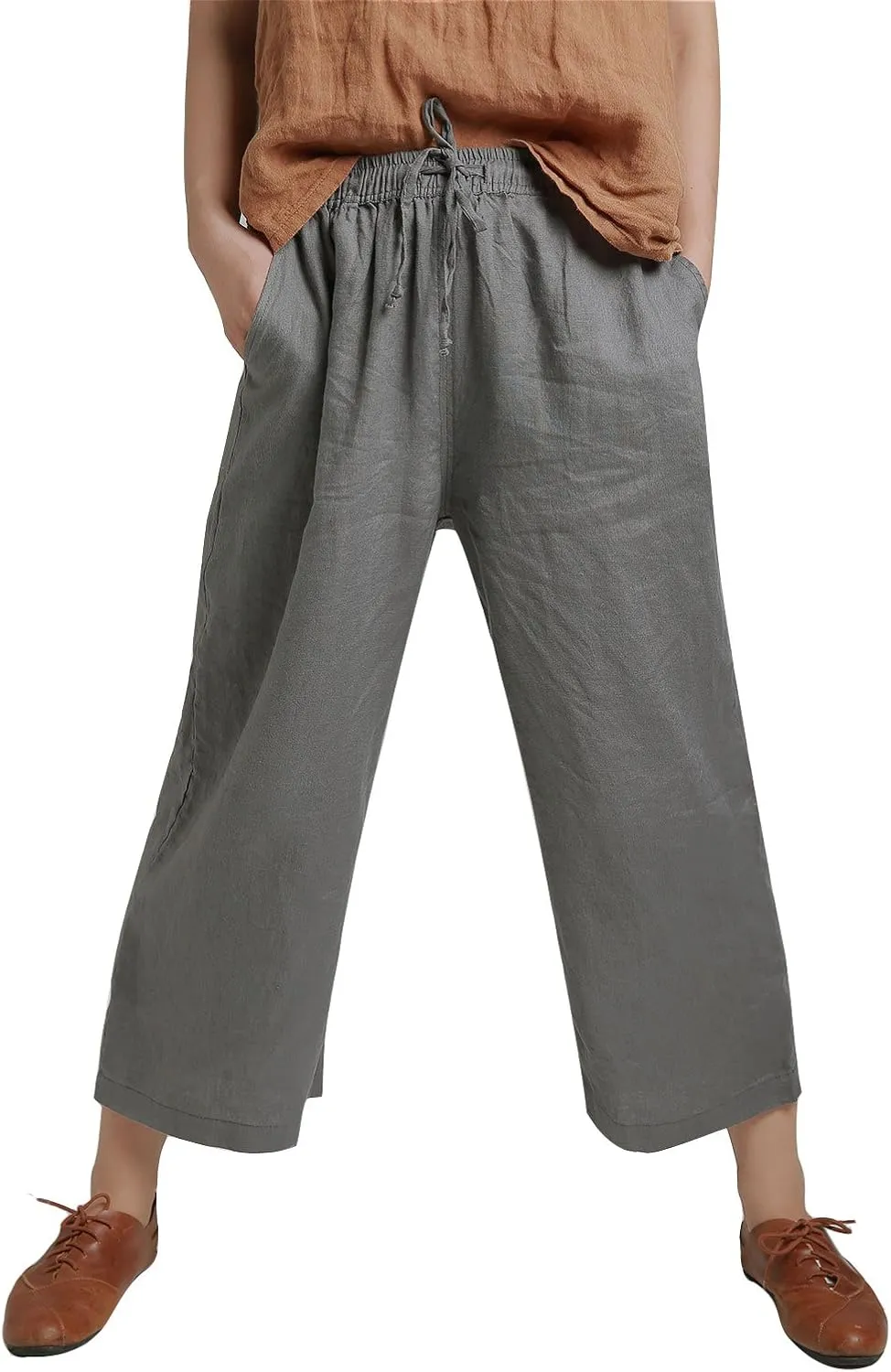 ECUPPER Womens Linen Cropped Pants Loose Casual Capri Cotton Wide Leg Plus Size Elastic Waist with Drawstring Trouses