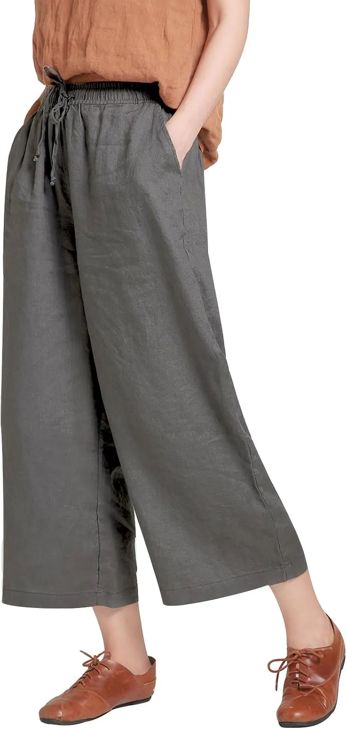 ECUPPER Womens Linen Cropped Pants Loose Casual Capri Cotton Wide Leg Plus Size Elastic Waist with Drawstring Trouses
