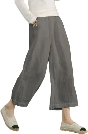 ECUPPER Womens Linen Cropped Pants Loose Casual Capri Cotton Wide Leg Plus Size Elastic Waist with Drawstring Trouses