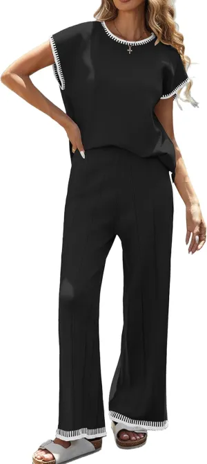 Ekouaer 2 Pieces Outfits for Women Tracksuit Pullover Top and Wide Leg Pants Knit Matching Set Loungewear
