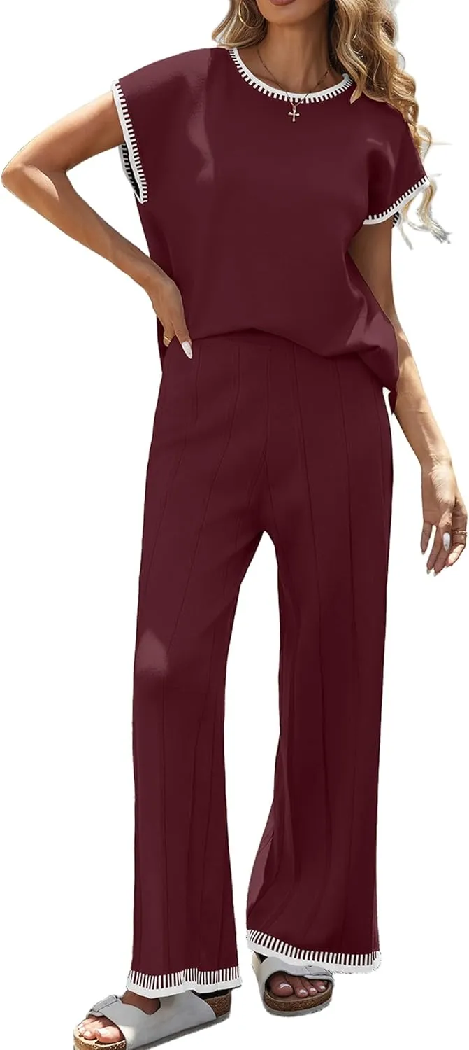 Ekouaer 2 Pieces Outfits for Women Tracksuit Pullover Top and Wide Leg Pants Knit Matching Set Loungewear