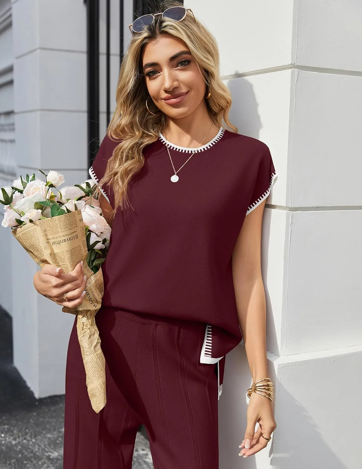 Ekouaer 2 Pieces Outfits for Women Tracksuit Pullover Top and Wide Leg Pants Knit Matching Set Loungewear