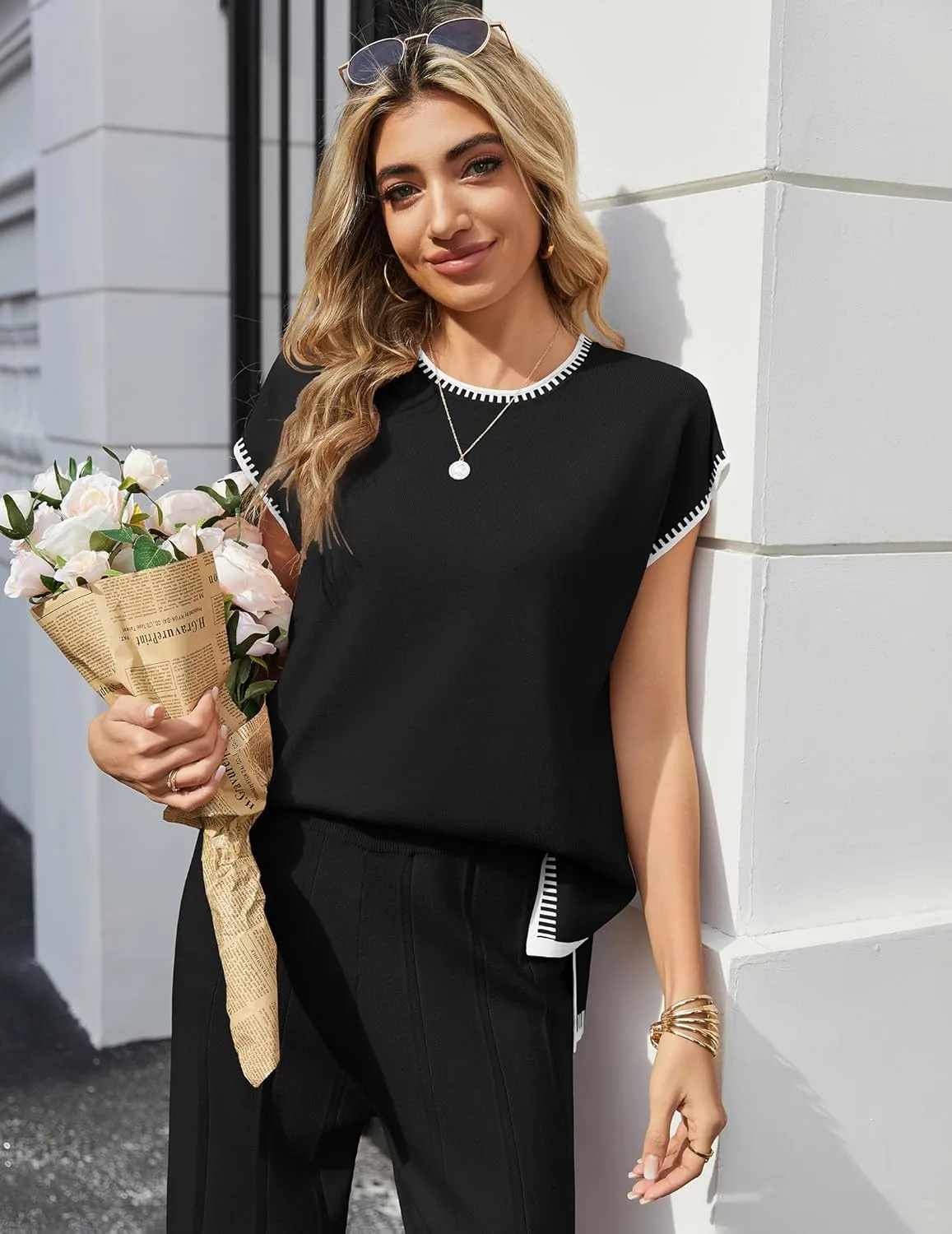 Ekouaer 2 Pieces Outfits for Women Tracksuit Pullover Top and Wide Leg Pants Knit Matching Set Loungewear