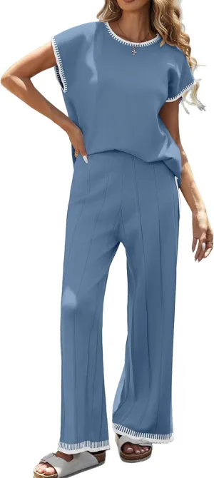 Ekouaer 2 Pieces Outfits for Women Tracksuit Pullover Top and Wide Leg Pants Knit Matching Set Loungewear