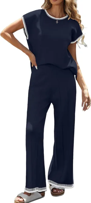 Ekouaer 2 Pieces Outfits for Women Tracksuit Pullover Top and Wide Leg Pants Knit Matching Set Loungewear