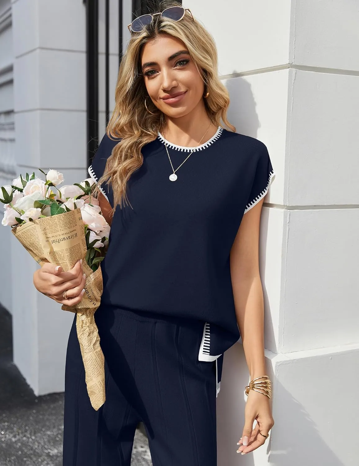 Ekouaer 2 Pieces Outfits for Women Tracksuit Pullover Top and Wide Leg Pants Knit Matching Set Loungewear