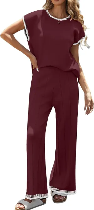Ekouaer 2 Pieces Outfits for Women Tracksuit Pullover Top and Wide Leg Pants Knit Matching Set Loungewear
