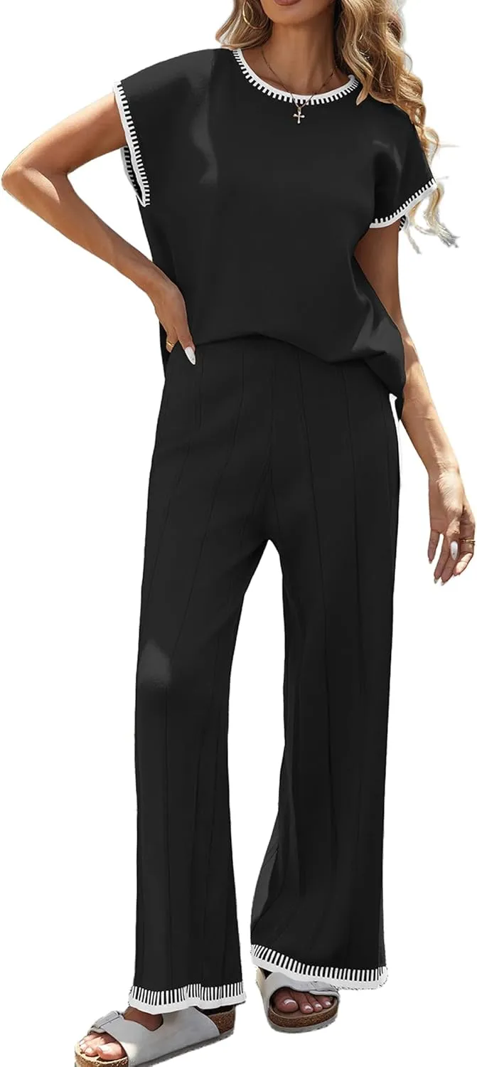 Ekouaer 2 Pieces Outfits for Women Tracksuit Pullover Top and Wide Leg Pants Knit Matching Set Loungewear