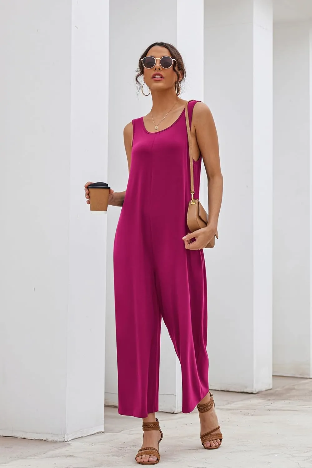 Ekouaer Sleeveless Jumpsuits for Women Casual Summer Scoop Neck Tank Rompers Wide Leg Pants Overall Jumpers with Pockets