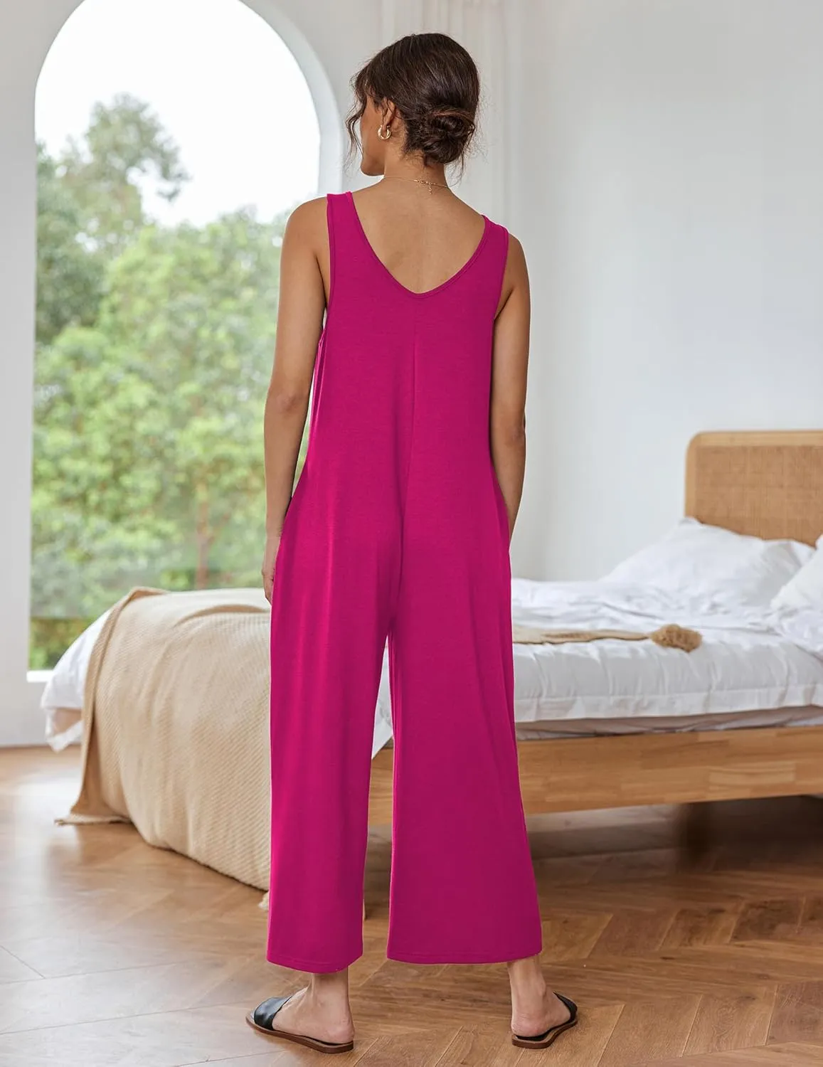 Ekouaer Sleeveless Jumpsuits for Women Casual Summer Scoop Neck Tank Rompers Wide Leg Pants Overall Jumpers with Pockets