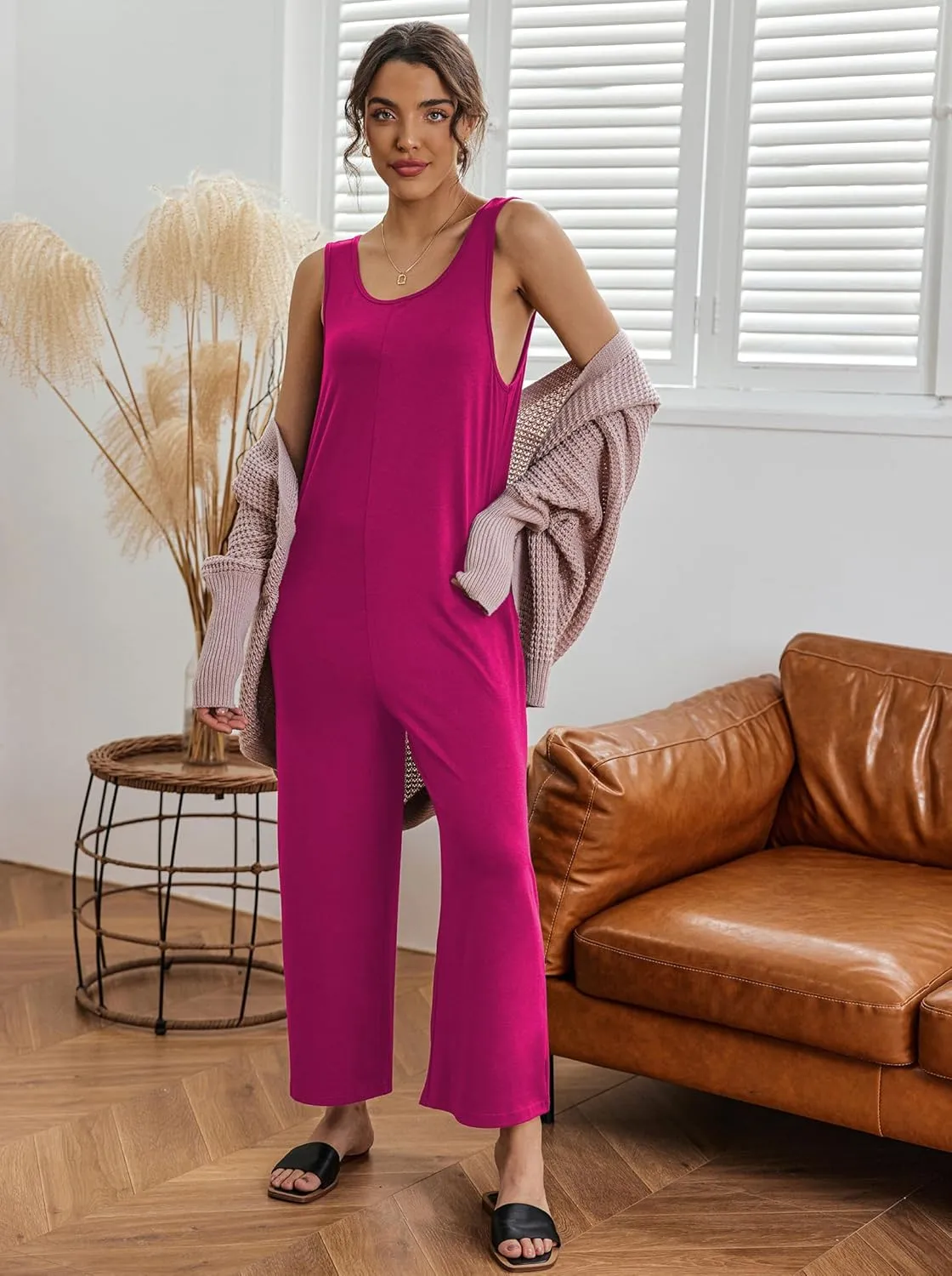 Ekouaer Sleeveless Jumpsuits for Women Casual Summer Scoop Neck Tank Rompers Wide Leg Pants Overall Jumpers with Pockets