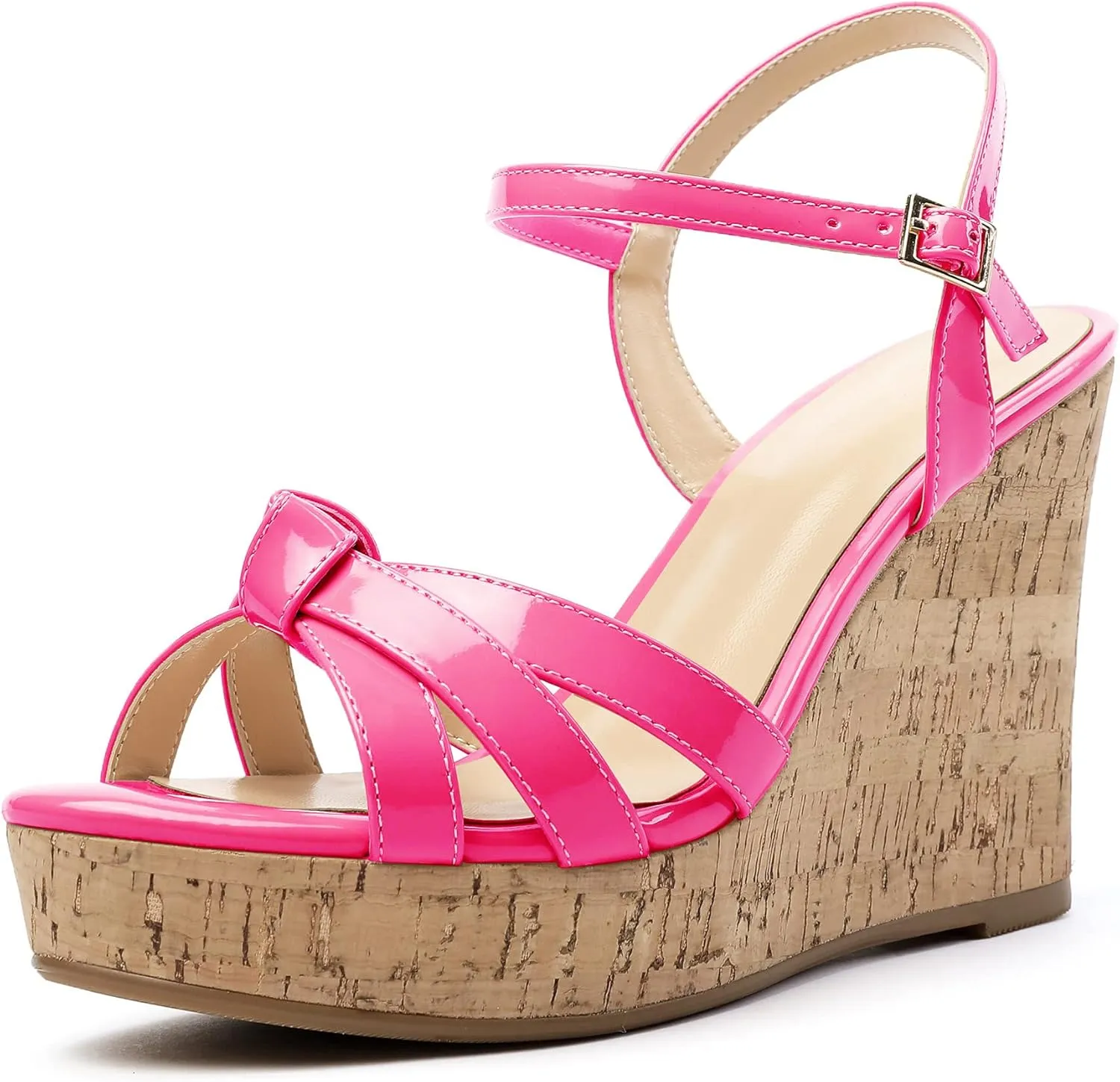 Eldof Women's High Heel Wedge Sandals Open Toe Ankle Strap Wooden Platform Wedge Heels Summer Sandals for Dress Party Evening 4 Inch