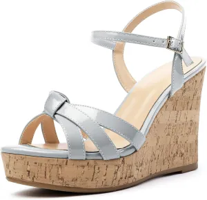 Eldof Women's High Heel Wedge Sandals Open Toe Ankle Strap Wooden Platform Wedge Heels Summer Sandals for Dress Party Evening 4 Inch