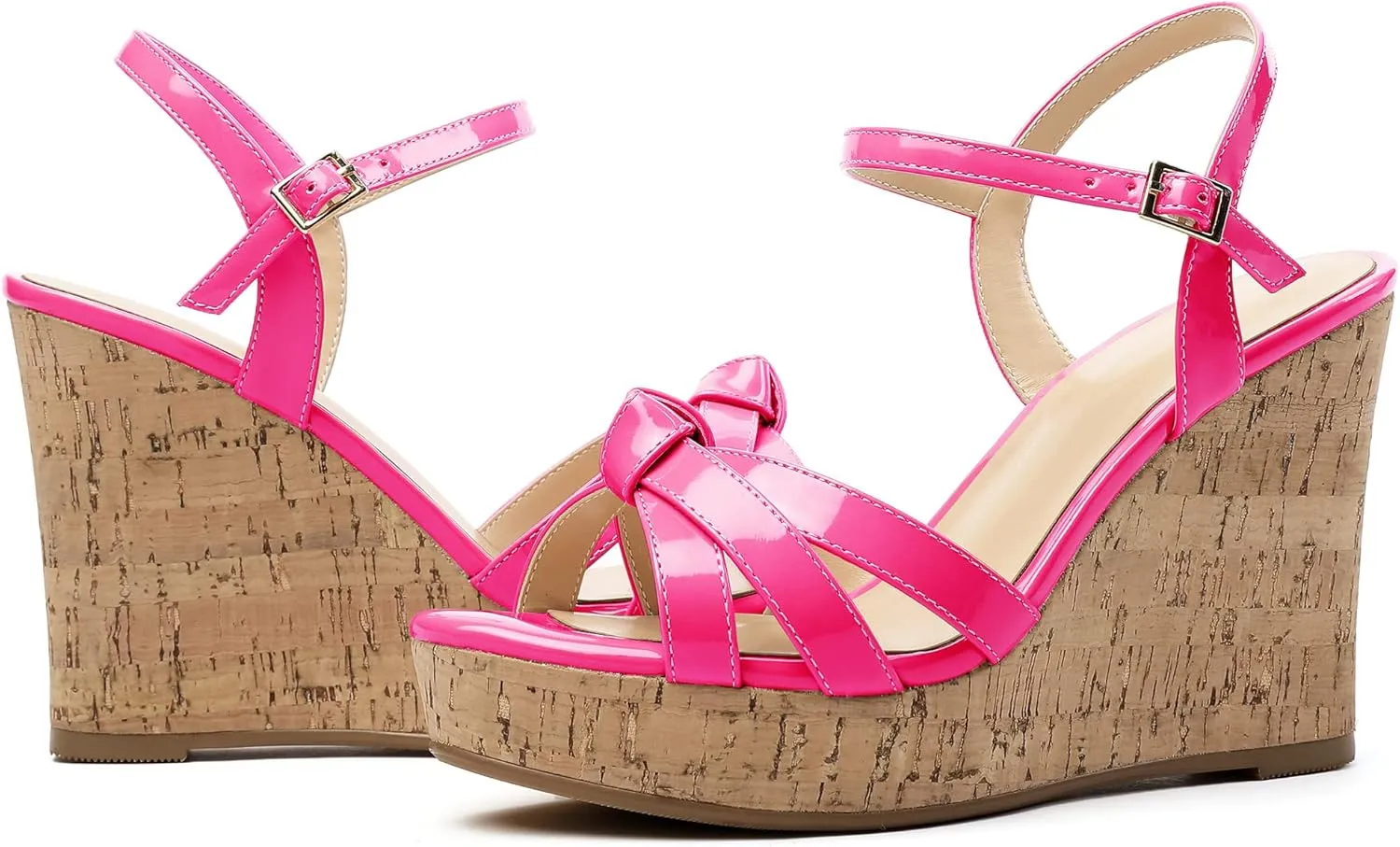 Eldof Women's High Heel Wedge Sandals Open Toe Ankle Strap Wooden Platform Wedge Heels Summer Sandals for Dress Party Evening 4 Inch