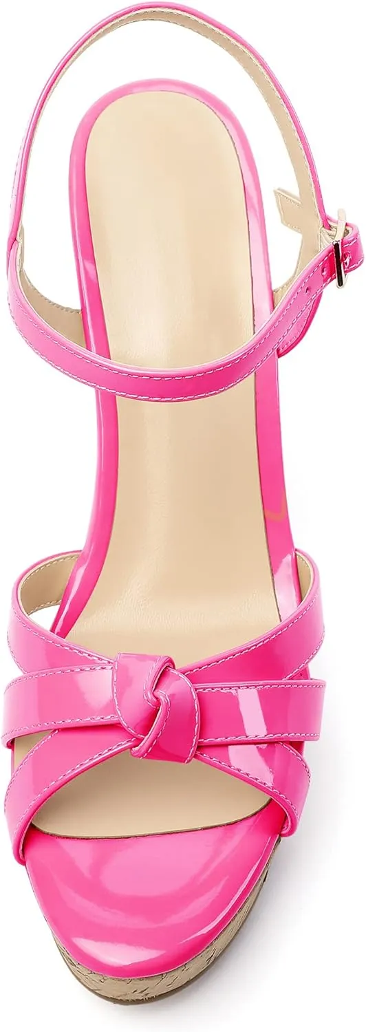Eldof Women's High Heel Wedge Sandals Open Toe Ankle Strap Wooden Platform Wedge Heels Summer Sandals for Dress Party Evening 4 Inch