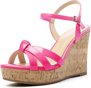 Eldof Women's High Heel Wedge Sandals Open Toe Ankle Strap Wooden Platform Wedge Heels Summer Sandals for Dress Party Evening 4 Inch