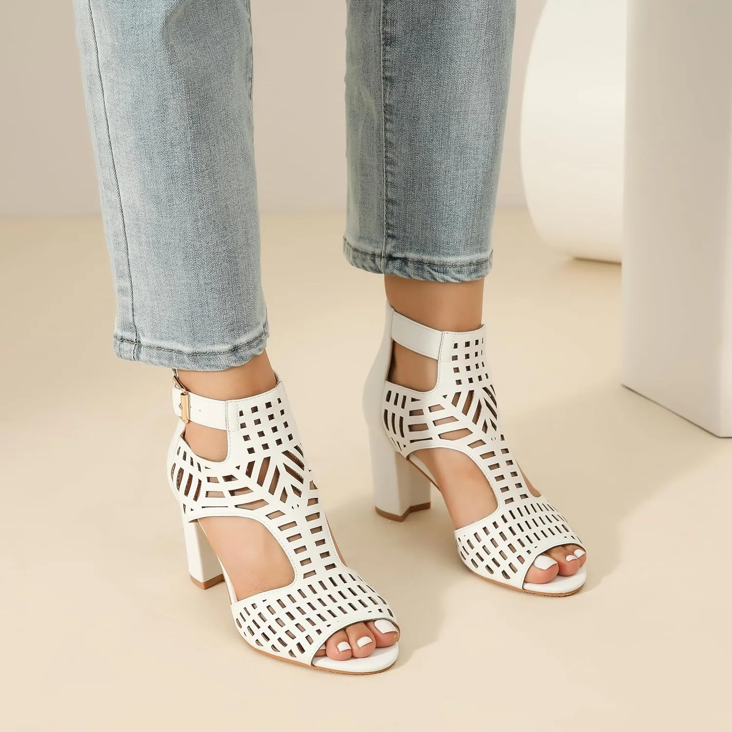 Enelauge Women's Gladiator Sandals Strappy Hollow Out Chunky High Heels Open Toe Ankle Strap Dressy Pumps with Back Zip Cutout Heeled Bohemian Summer Party Sandals