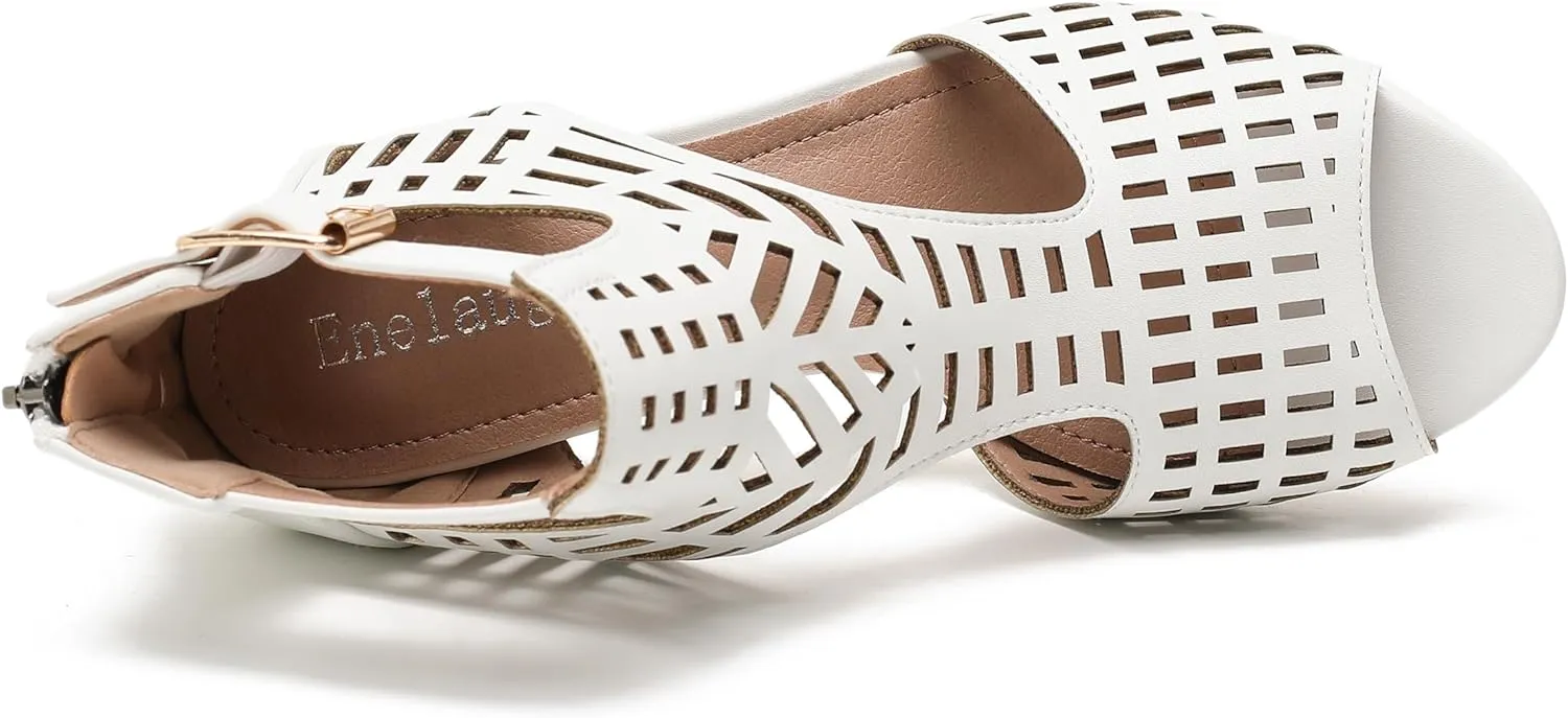 Enelauge Women's Gladiator Sandals Strappy Hollow Out Chunky High Heels Open Toe Ankle Strap Dressy Pumps with Back Zip Cutout Heeled Bohemian Summer Party Sandals