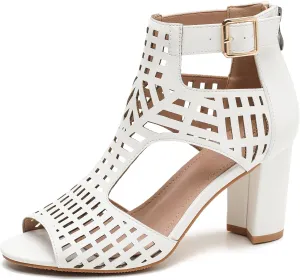 Enelauge Women's Gladiator Sandals Strappy Hollow Out Chunky High Heels Open Toe Ankle Strap Dressy Pumps with Back Zip Cutout Heeled Bohemian Summer Party Sandals