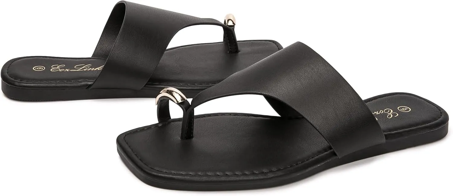 Eozlink Women's Slide Sandals Ring Toe Flat Sandals Slip On Sandals Open Toe Flip Flop Thong Sandals Casual Summer Beach Sandals