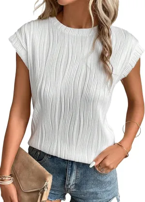 EVALESS Womens Short Sleeve Textured Tops Crewneck Knit Solid Loose Casual Basic T Shirts Tee Blouses