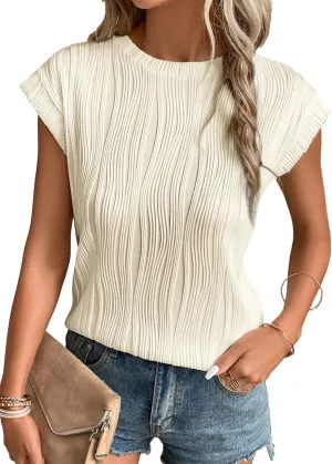 EVALESS Womens Short Sleeve Textured Tops Crewneck Knit Solid Loose Casual Basic T Shirts Tee Blouses