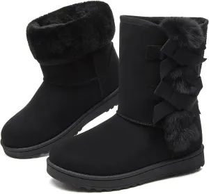 Eydram Women Winter Boots Fur Lined Fashion Mid Calf Boots for Women Warm Fuzzy Boots Comfortable Black Womens Snow Boots with Bowknot