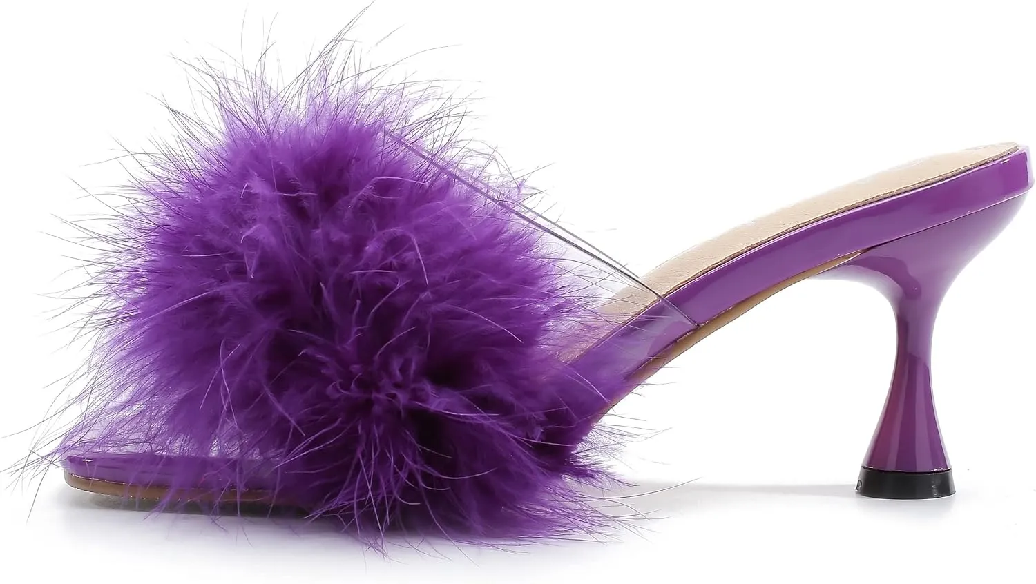 fereshte Women's Feather Heels Sandals Fluffy Fur Clear Strap Slip On Square Toe Kitten Mules