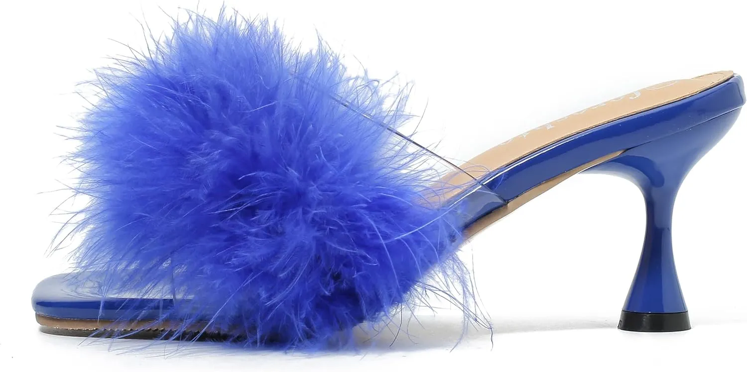 fereshte Women's Feather Heels Sandals Fluffy Fur Clear Strap Slip On Square Toe Kitten Mules
