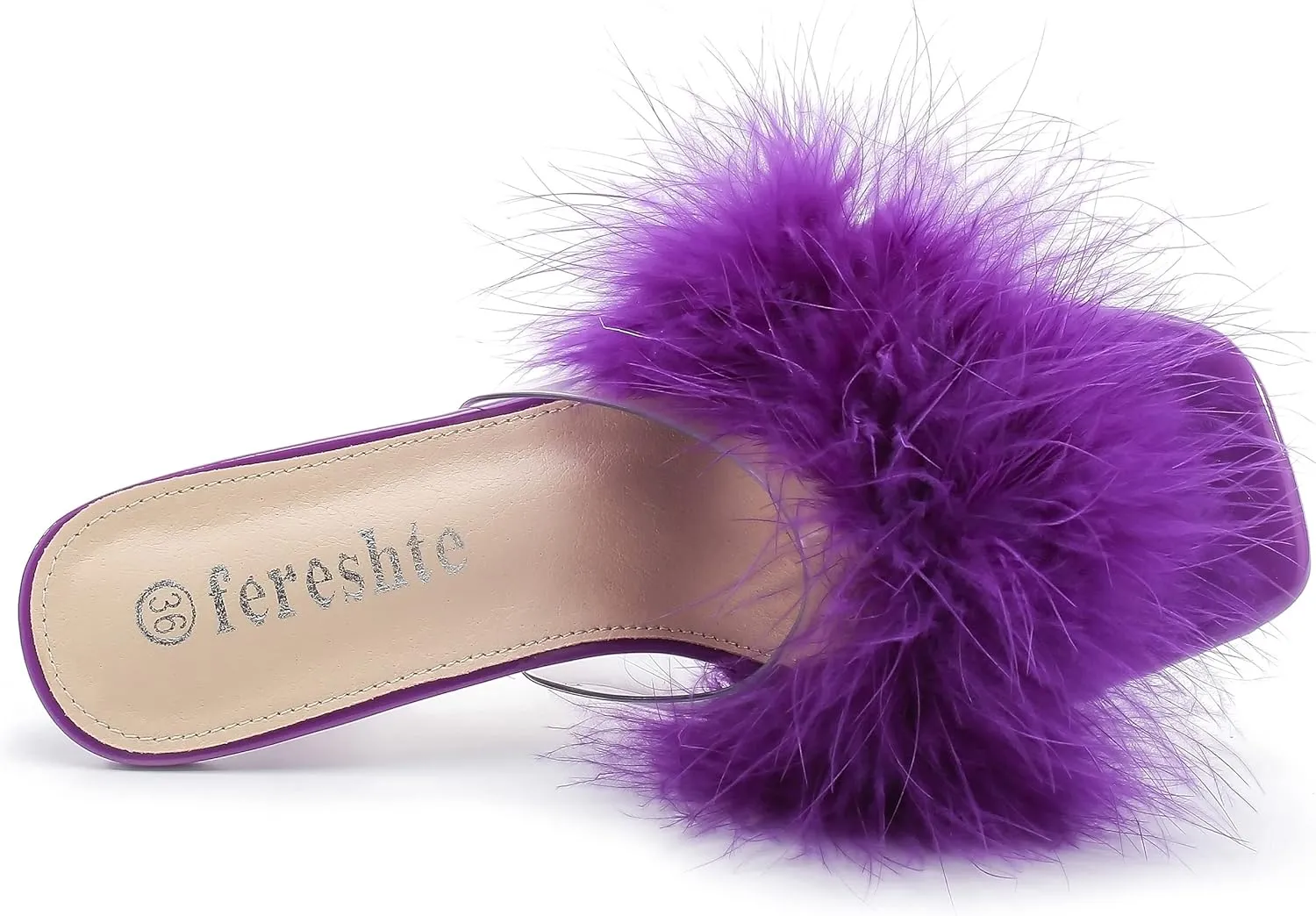 fereshte Women's Feather Heels Sandals Fluffy Fur Clear Strap Slip On Square Toe Kitten Mules