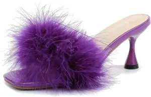 fereshte Women's Feather Heels Sandals Fluffy Fur Clear Strap Slip On Square Toe Kitten Mules