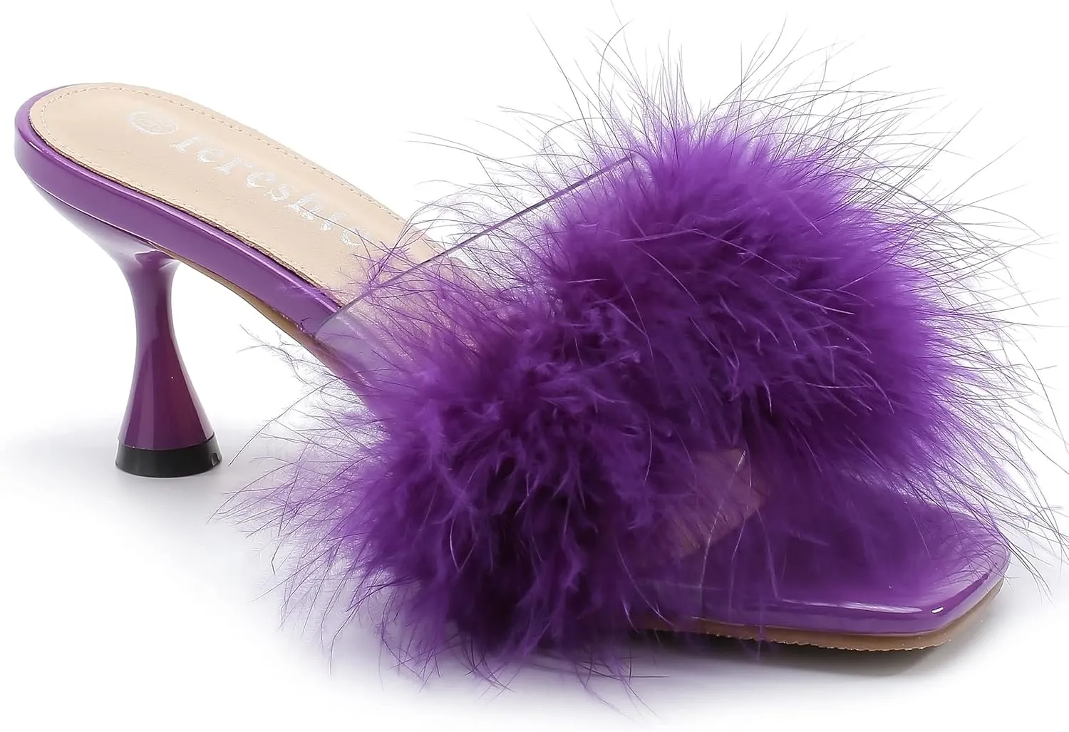 fereshte Women's Feather Heels Sandals Fluffy Fur Clear Strap Slip On Square Toe Kitten Mules