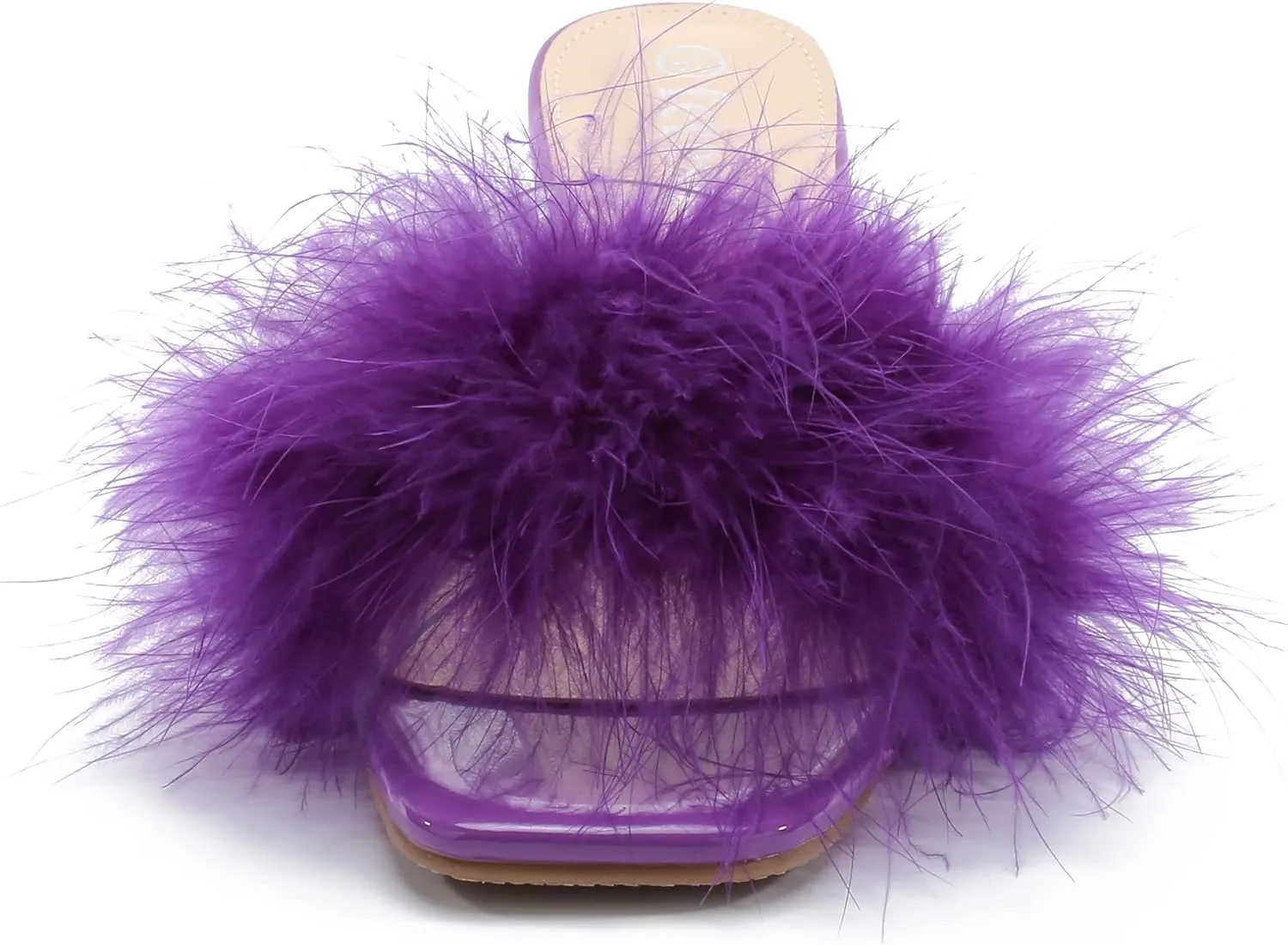 fereshte Women's Feather Heels Sandals Fluffy Fur Clear Strap Slip On Square Toe Kitten Mules