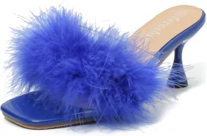 fereshte Women's Feather Heels Sandals Fluffy Fur Clear Strap Slip On Square Toe Kitten Mules