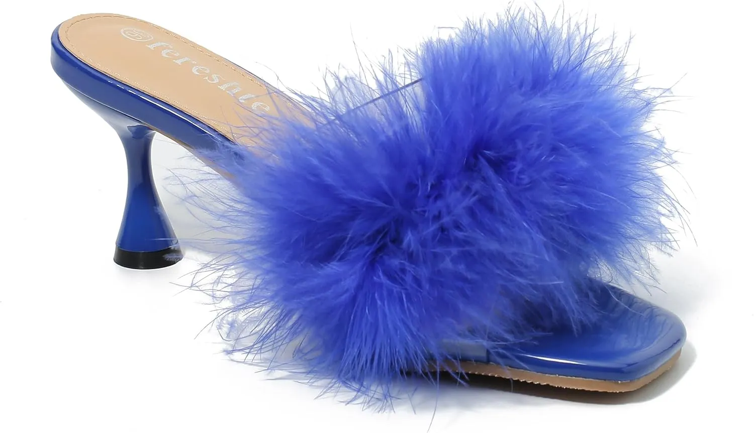 fereshte Women's Feather Heels Sandals Fluffy Fur Clear Strap Slip On Square Toe Kitten Mules