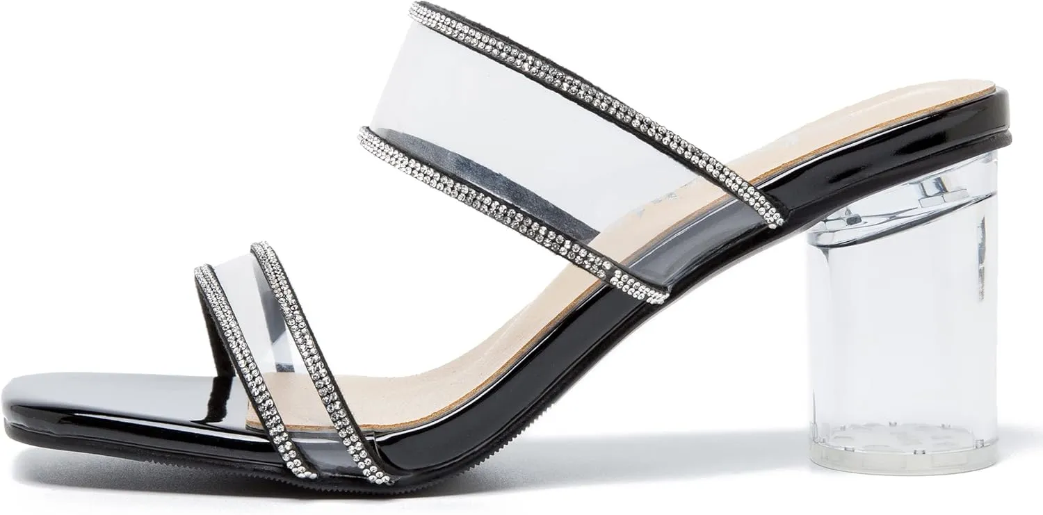 fereshte Women's Two Straps Clear Heels Slip On Square Toe Rhinestone Transparent Clear Block Heel Sandals