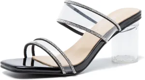 fereshte Women's Two Straps Clear Heels Slip On Square Toe Rhinestone Transparent Clear Block Heel Sandals