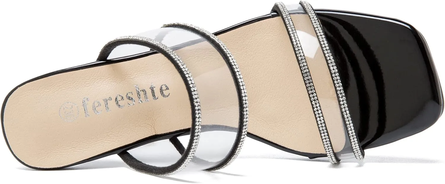 fereshte Women's Two Straps Clear Heels Slip On Square Toe Rhinestone Transparent Clear Block Heel Sandals