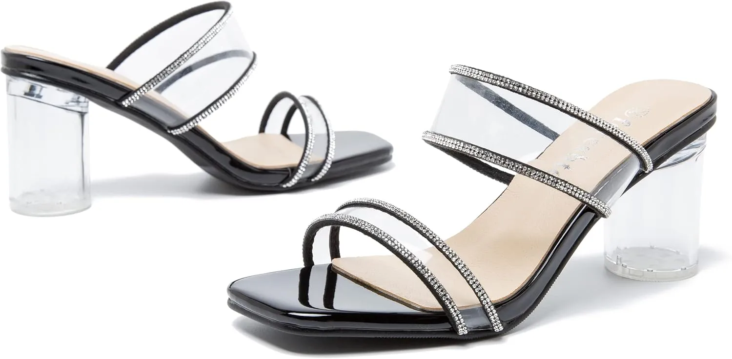 fereshte Women's Two Straps Clear Heels Slip On Square Toe Rhinestone Transparent Clear Block Heel Sandals