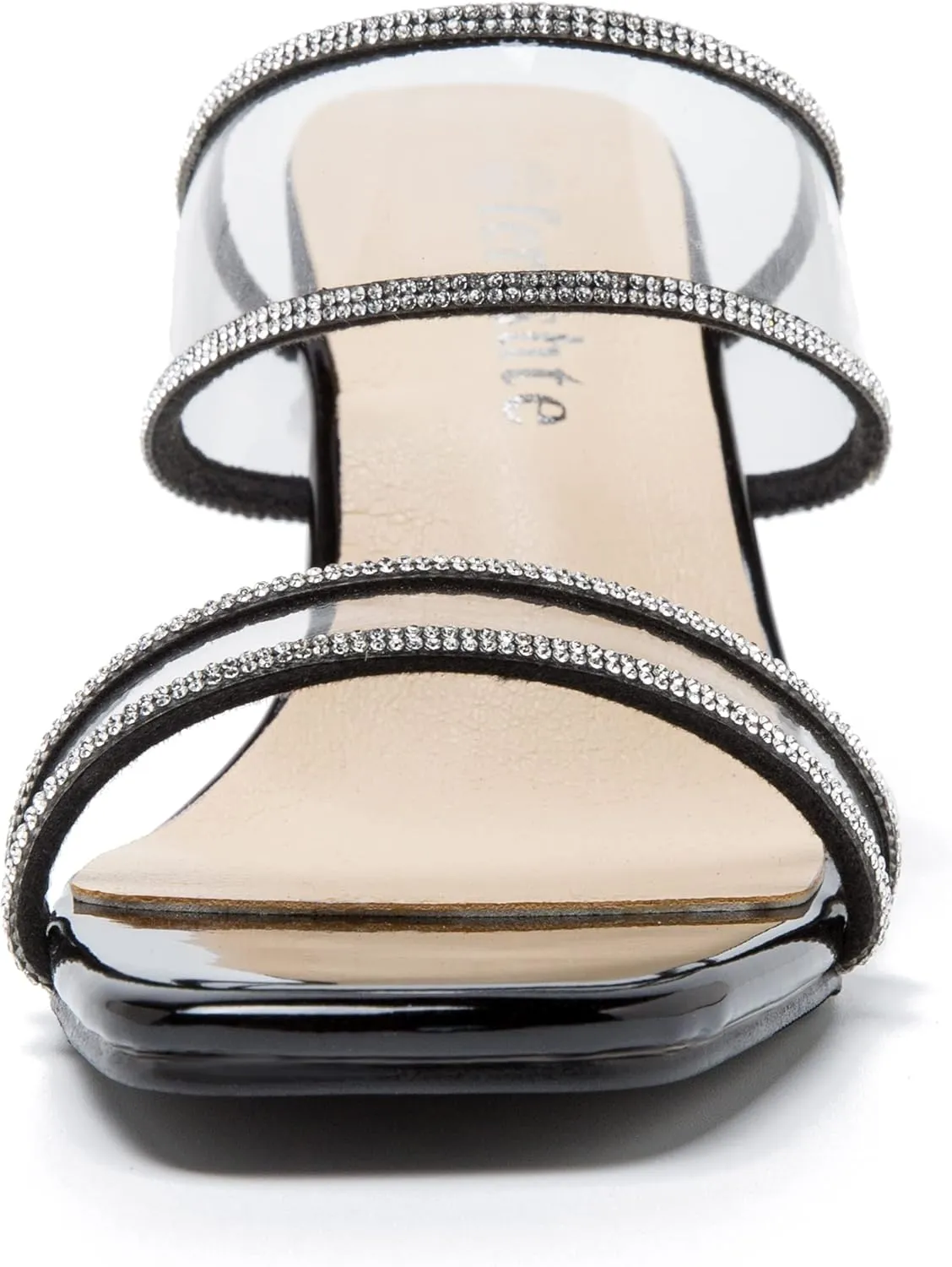 fereshte Women's Two Straps Clear Heels Slip On Square Toe Rhinestone Transparent Clear Block Heel Sandals