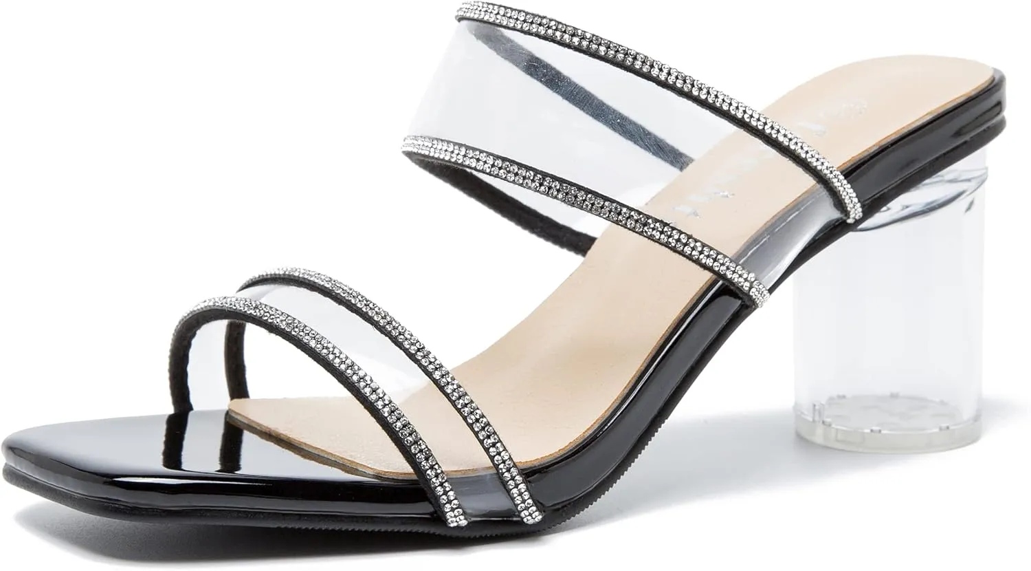 fereshte Women's Two Straps Clear Heels Slip On Square Toe Rhinestone Transparent Clear Block Heel Sandals