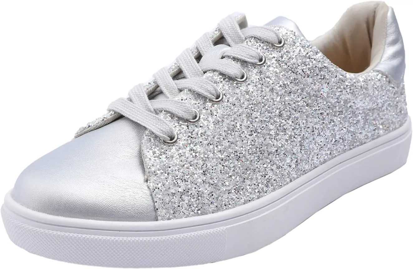 FEVERSOLE Women's Fashion Lace Up Dress Sneakers Sparkly Party Shiny Shoes