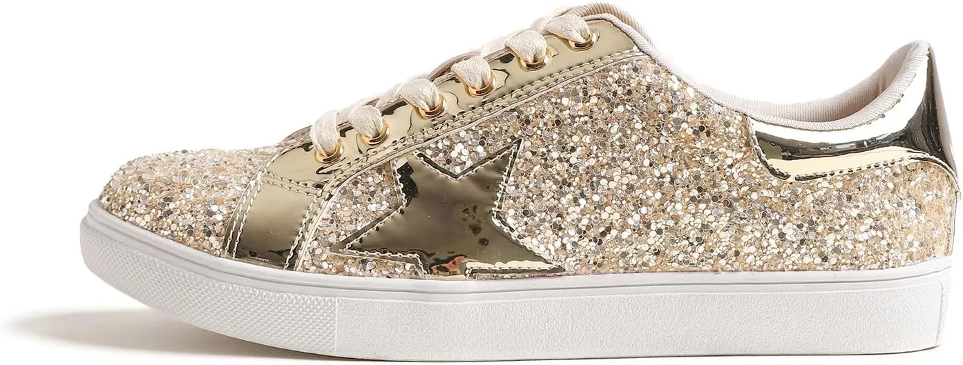 FEVERSOLE Women's Fashion Lace Up Dress Sneakers Sparkly Party Shiny Shoes