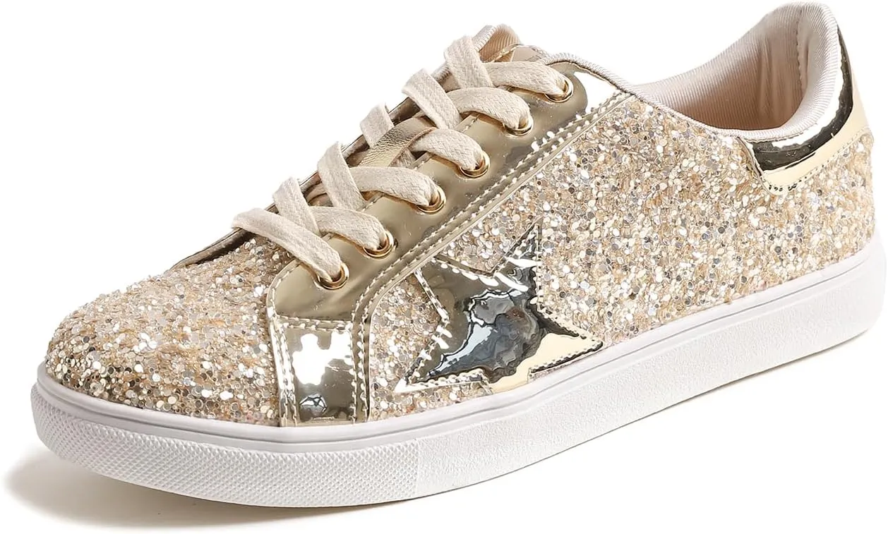 FEVERSOLE Women's Fashion Lace Up Dress Sneakers Sparkly Party Shiny Shoes