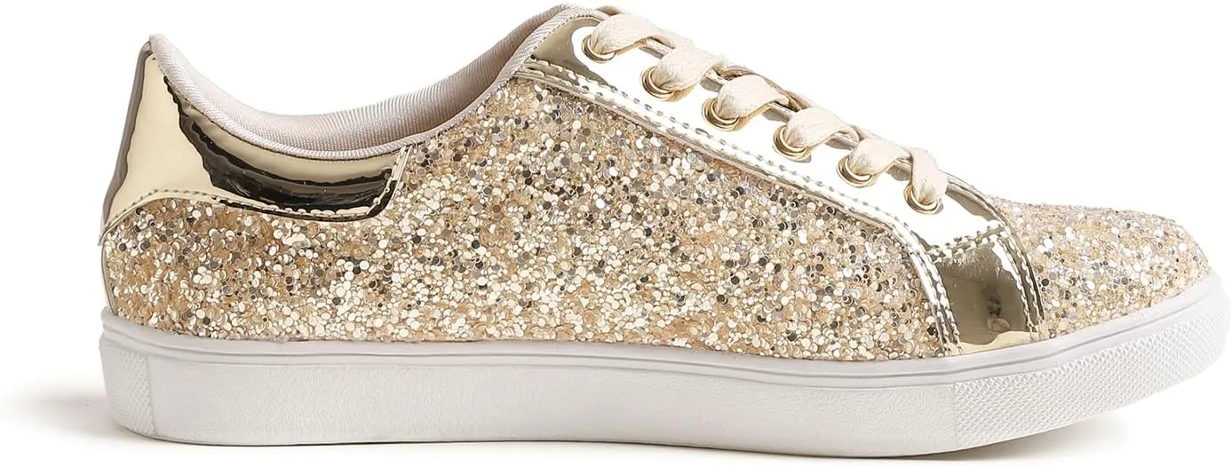 FEVERSOLE Women's Fashion Lace Up Dress Sneakers Sparkly Party Shiny Shoes